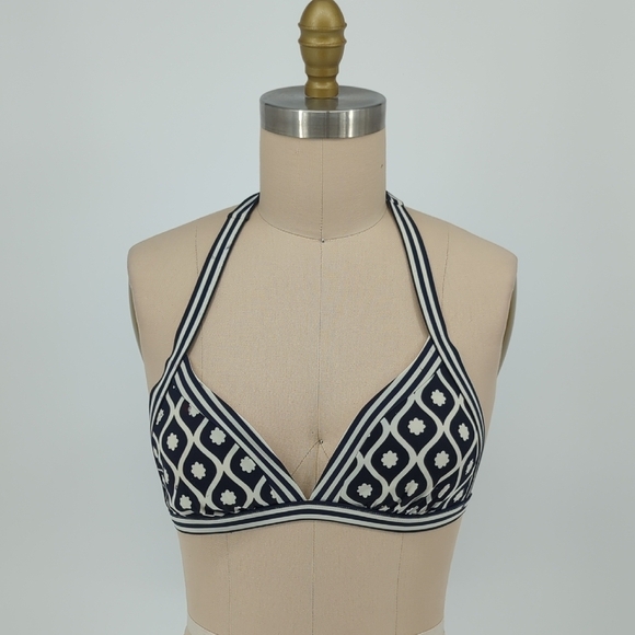 Women's Printed Halter Triangle Bikini Top Navy Blue White preppy retro beach - Picture 1 of 4